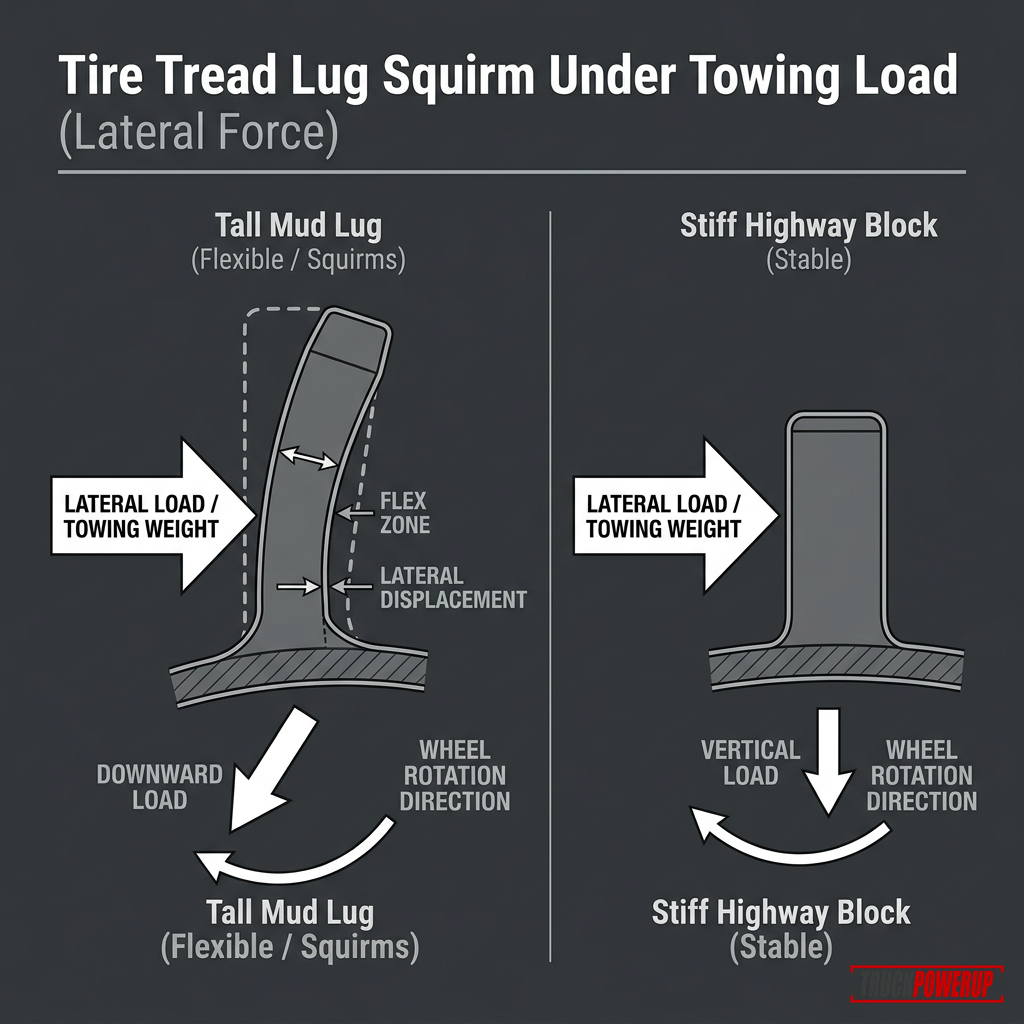 Tire Tread Lug Squirm Under Towing Load